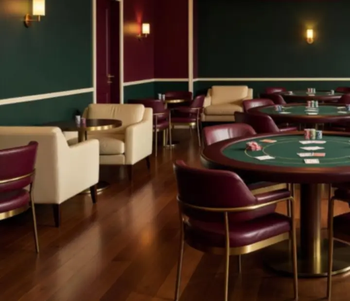 Warm Card Lounge interior at The Fortunate Forte with Poker Tables and leather seating
