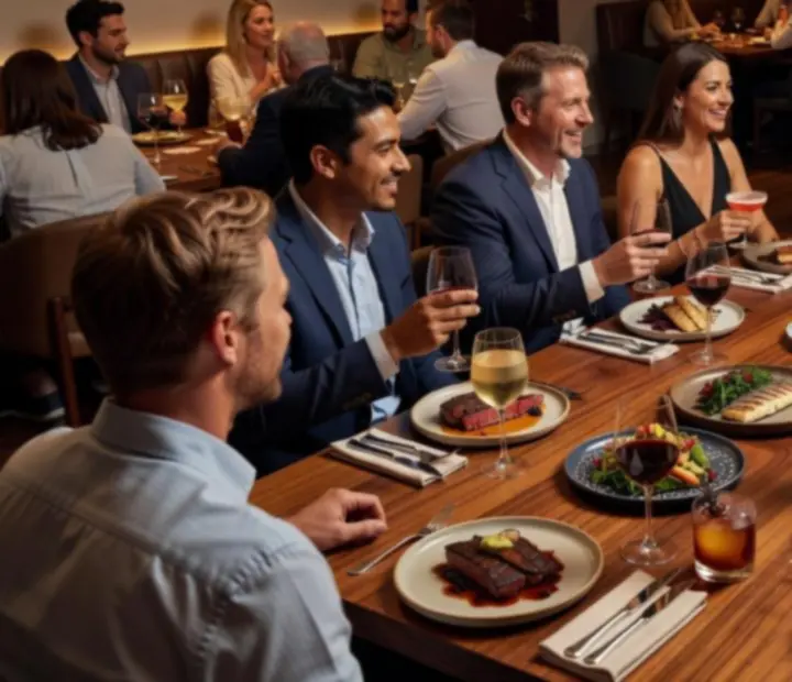 Guests enjoying dinner alongside an offline poker event in a warm Australian restaurant