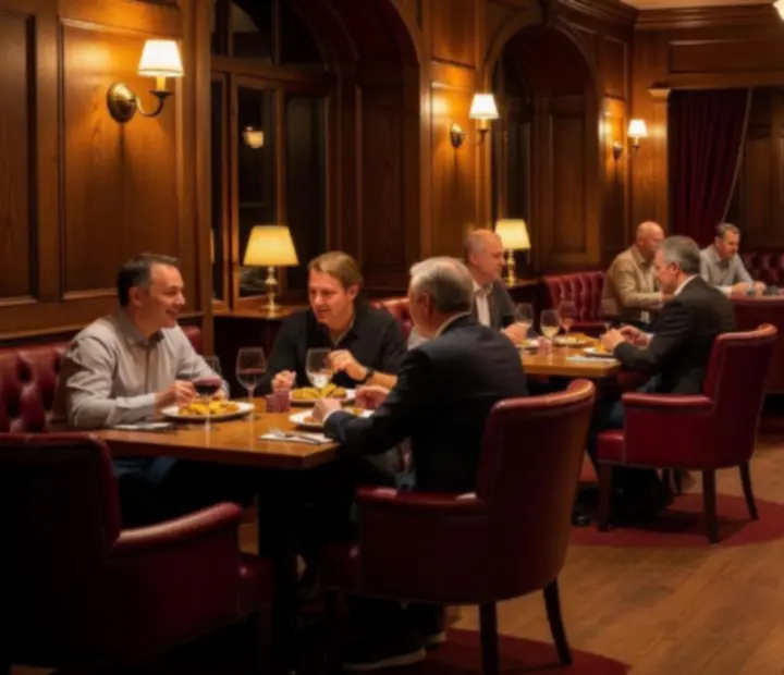 Warm restaurant ambience at The Fortunate Forte with deep green, burgundy and brass details