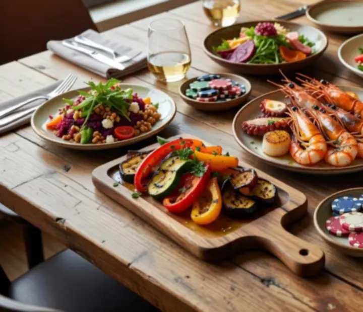 Share plates arranged for a social poker dining experience beside dedicated Poker Tables