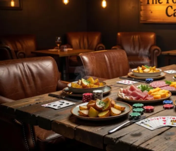 Share plates arranged beside a poker layout in the Card Lounge at The Fortunate Forte.