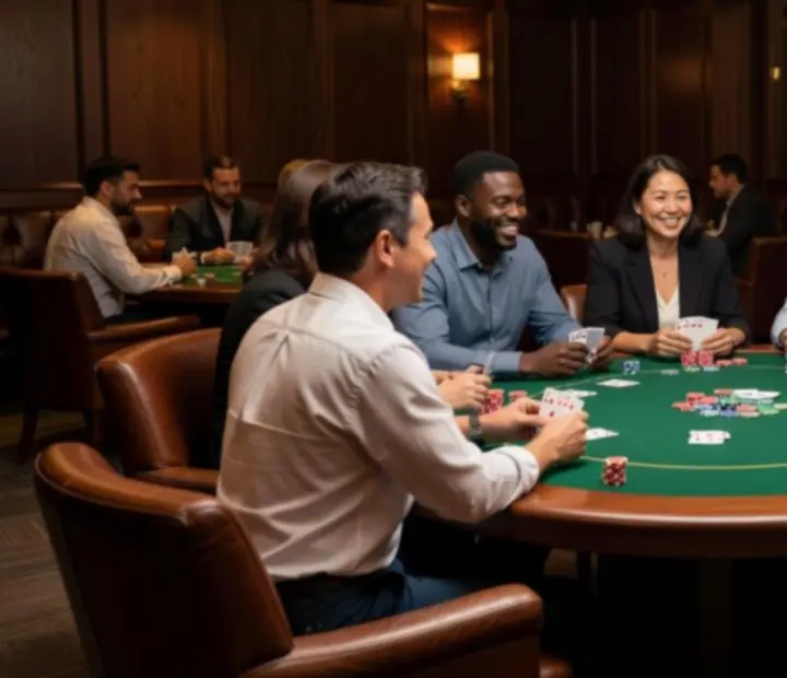 Offline poker evening with guests seated around a dedicated poker table with playing chips and warm lighting