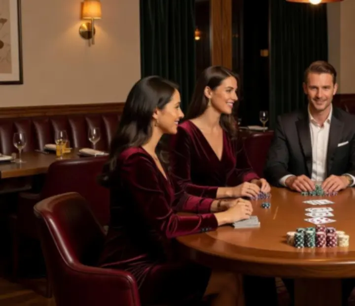 Guests enjoying an offline poker evening at full-size poker tables in a refined card lounge setting