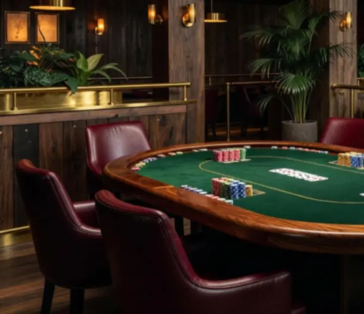 Full-size poker table at The Fortunate Forte with rich timber edges and soft amber lighting