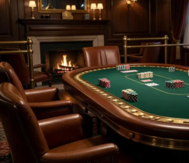 Full-size Poker Tables under warm lighting in the Card Lounge