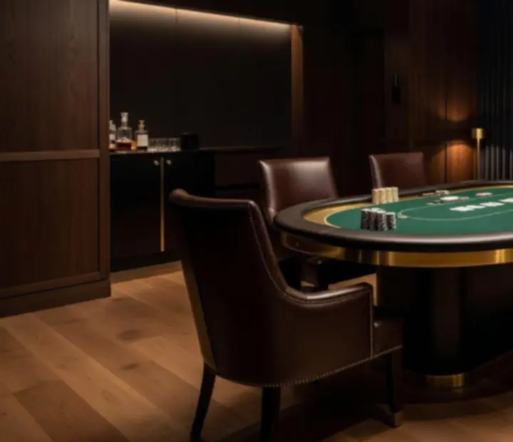 Private poker table set for an intimate offline poker evening in a card room